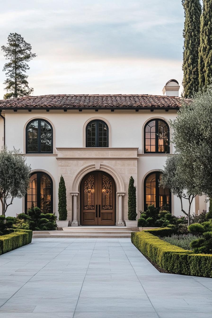 Classic villa with arched doorways and lush surroundings