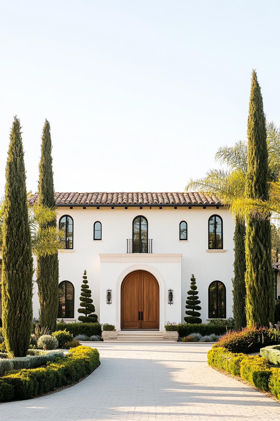 Modern Italian villa two story facade with classical elements smooth white stucco sections of light beige stone arched windows with black frames 2