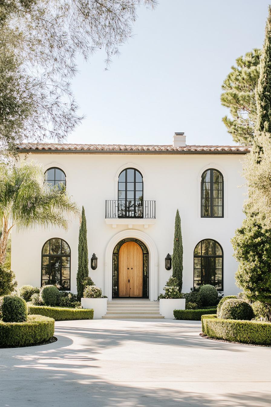 Mediterranean villa with arched windows and manicured gardens