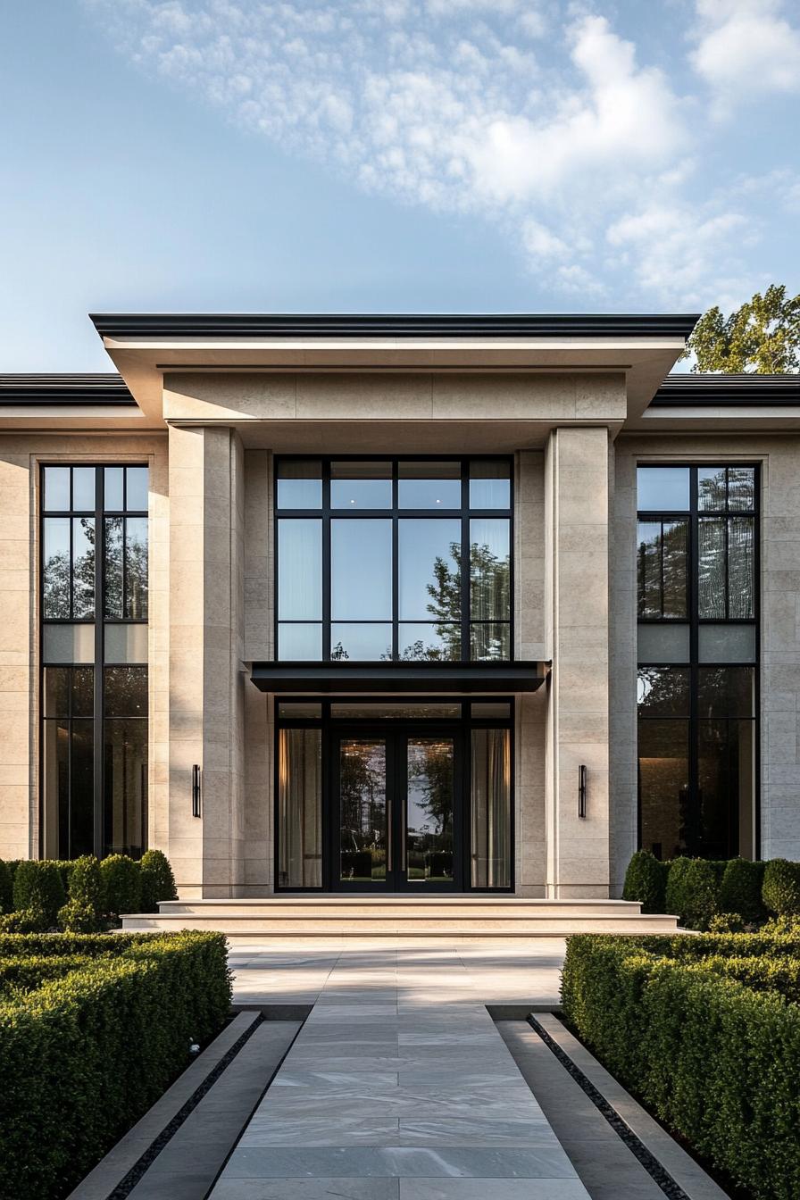 Modern villa entrance with tall columns and glass windows