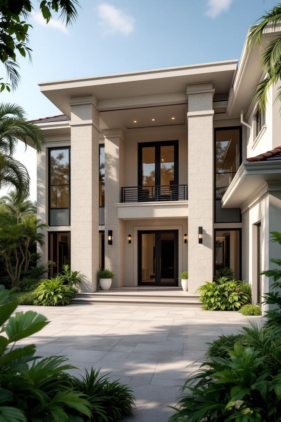 Luxurious villa exterior with tall columns and lush greenery