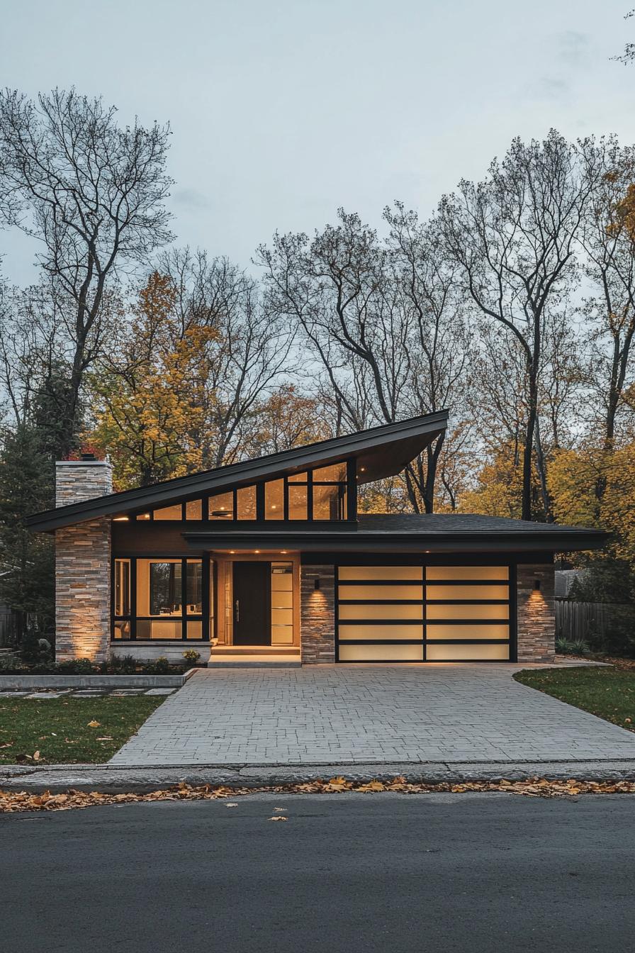 Modern house with a skillion roof in a wooded setting