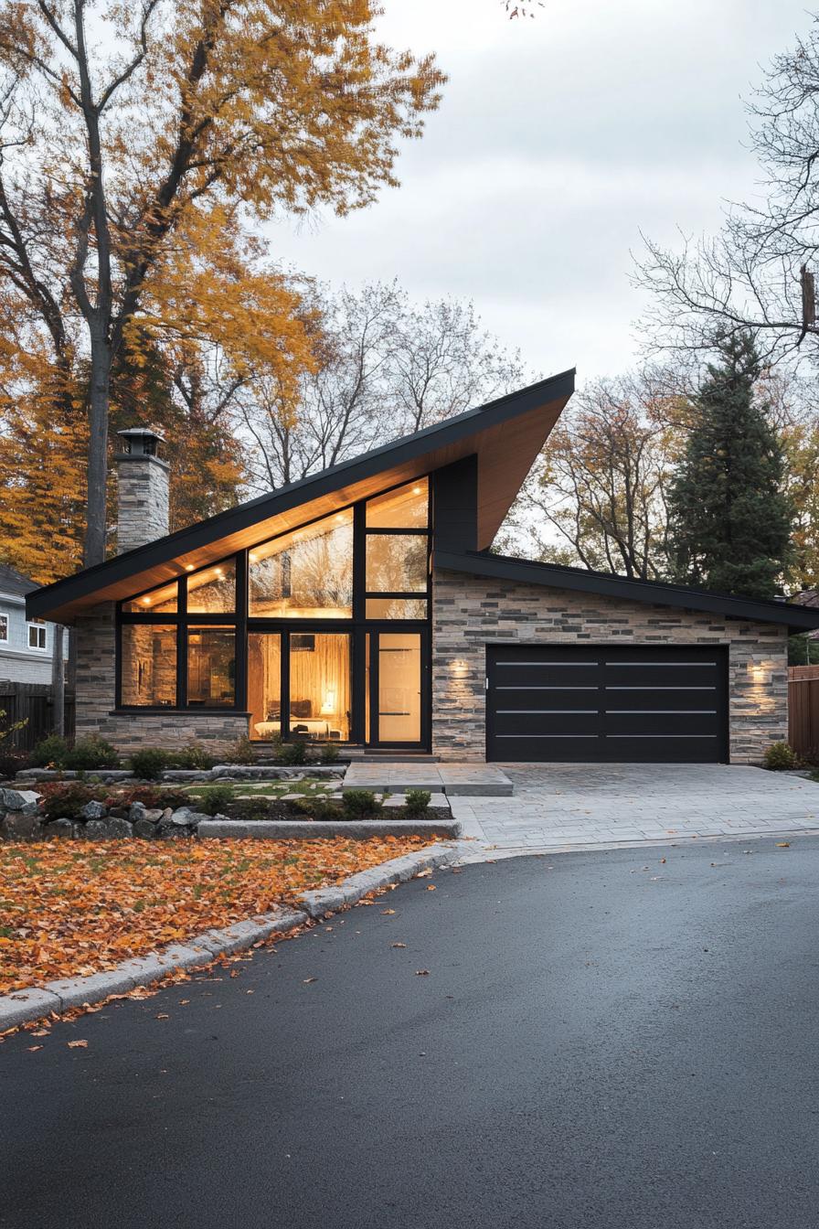 Modern house with a striking slanted roof in a fall setting