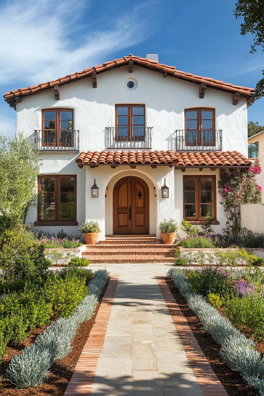 Whitewashed Spanish cottage with terracotta roof and garden path