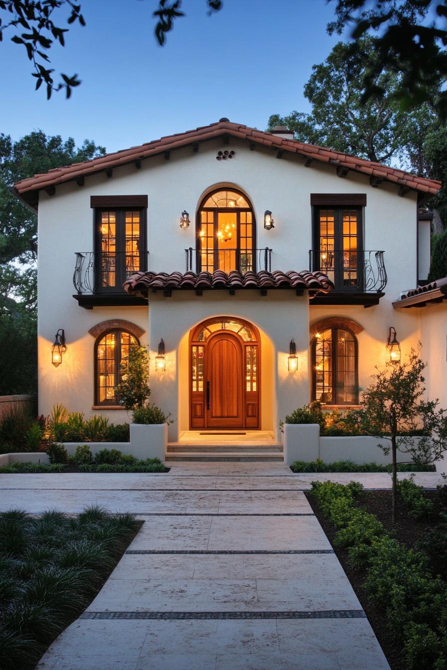 Spanish-style house with glowing windows and arched doorway