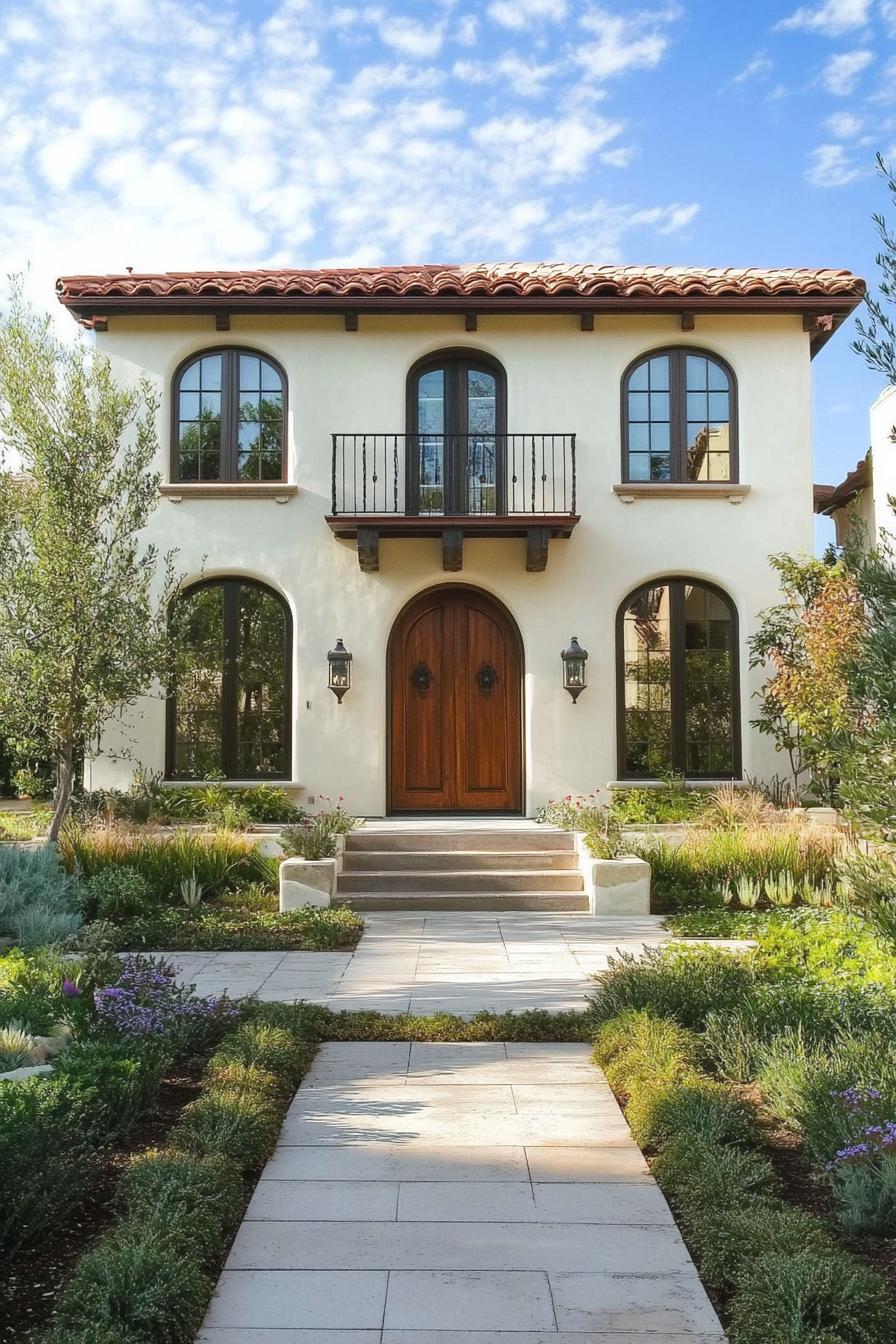 White stucco Spanish cottage with a red-tiled roof, surrounded by lush greenery