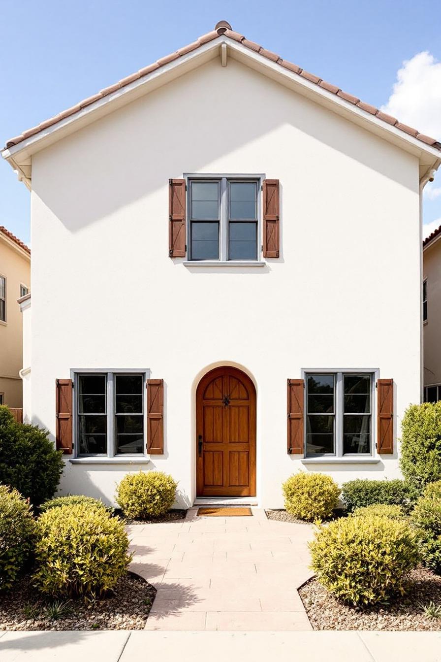 White cottage with wooden shutters and a charming arched door