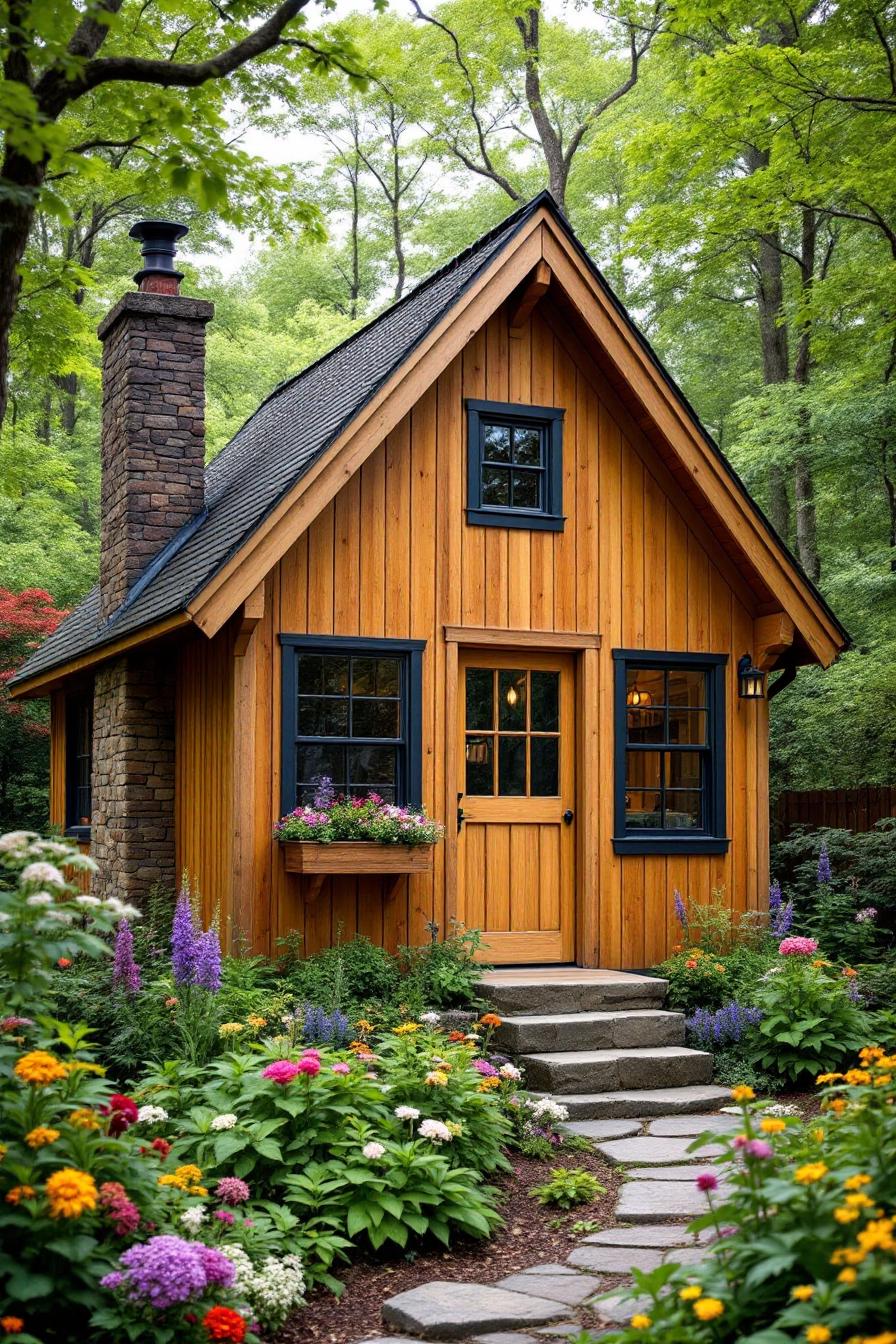 Tiny wooden cottage surrounded by colorful flowers