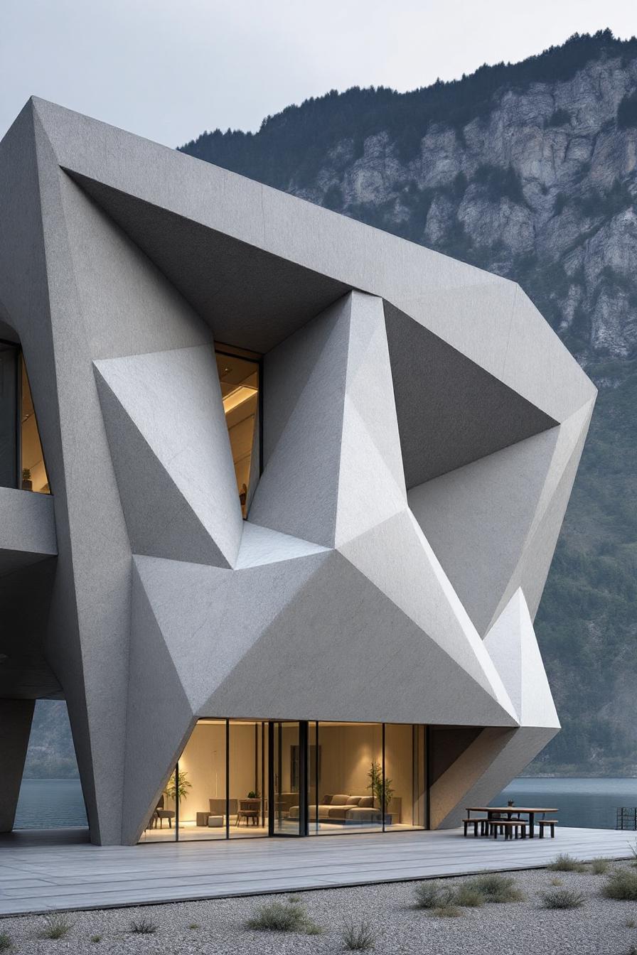 Angular modern house with geometric facade by a lake