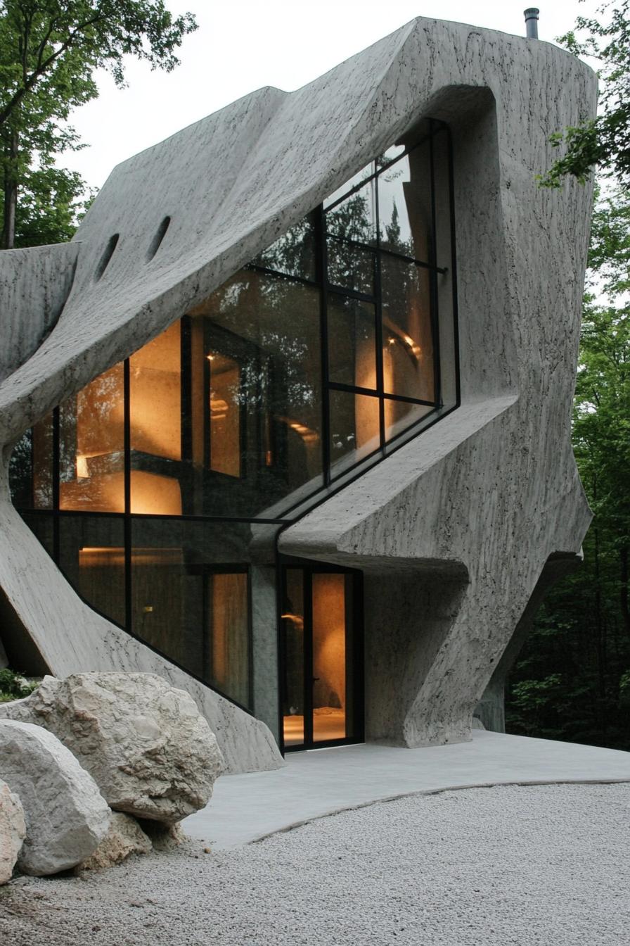 Innovative stone and glass architecture surrounded by trees