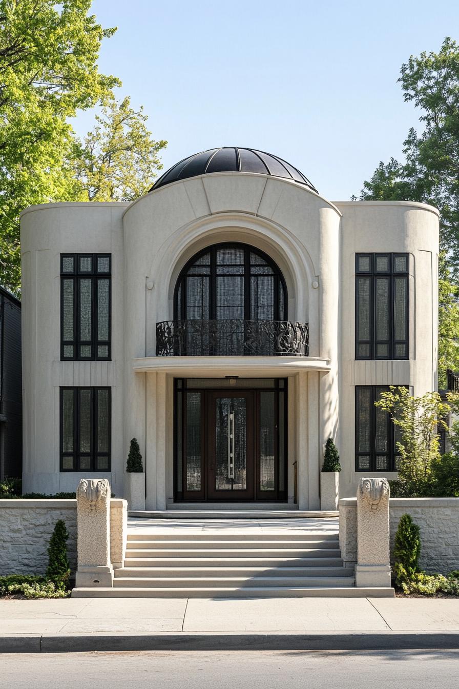 Sophisticated house with art deco architecture featuring arched windows and a black dome