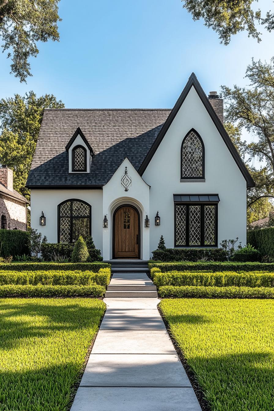 Charming Tudor cottage with manicured lawn and intricate windows