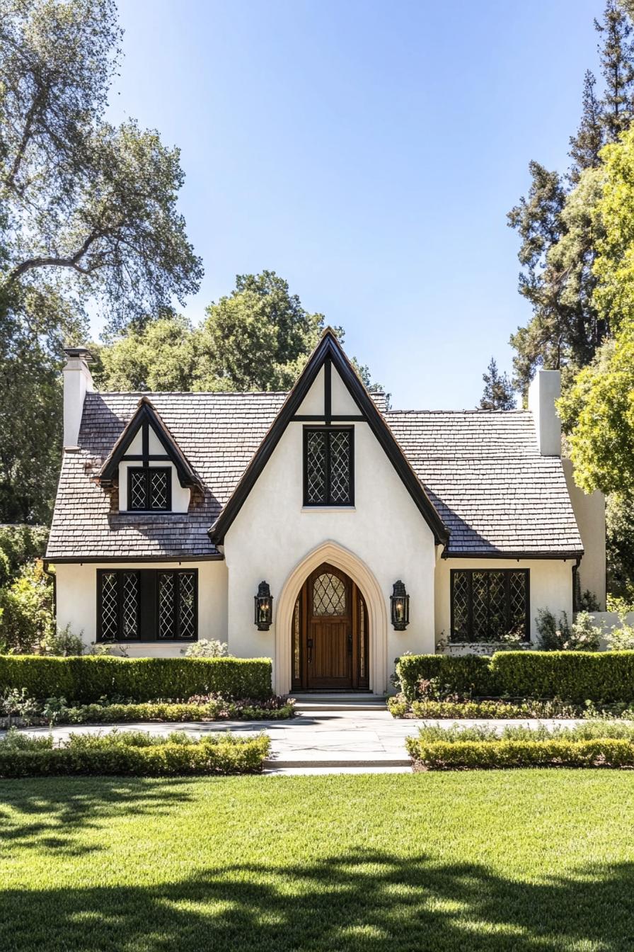 Cozy Tudor house with steep gables, nestled in lush greenery