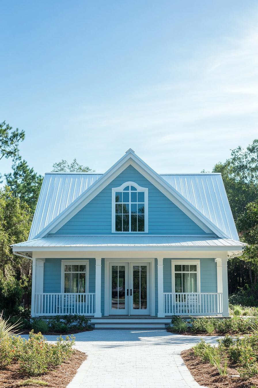 Charming blue coastal house with white trim and a porch