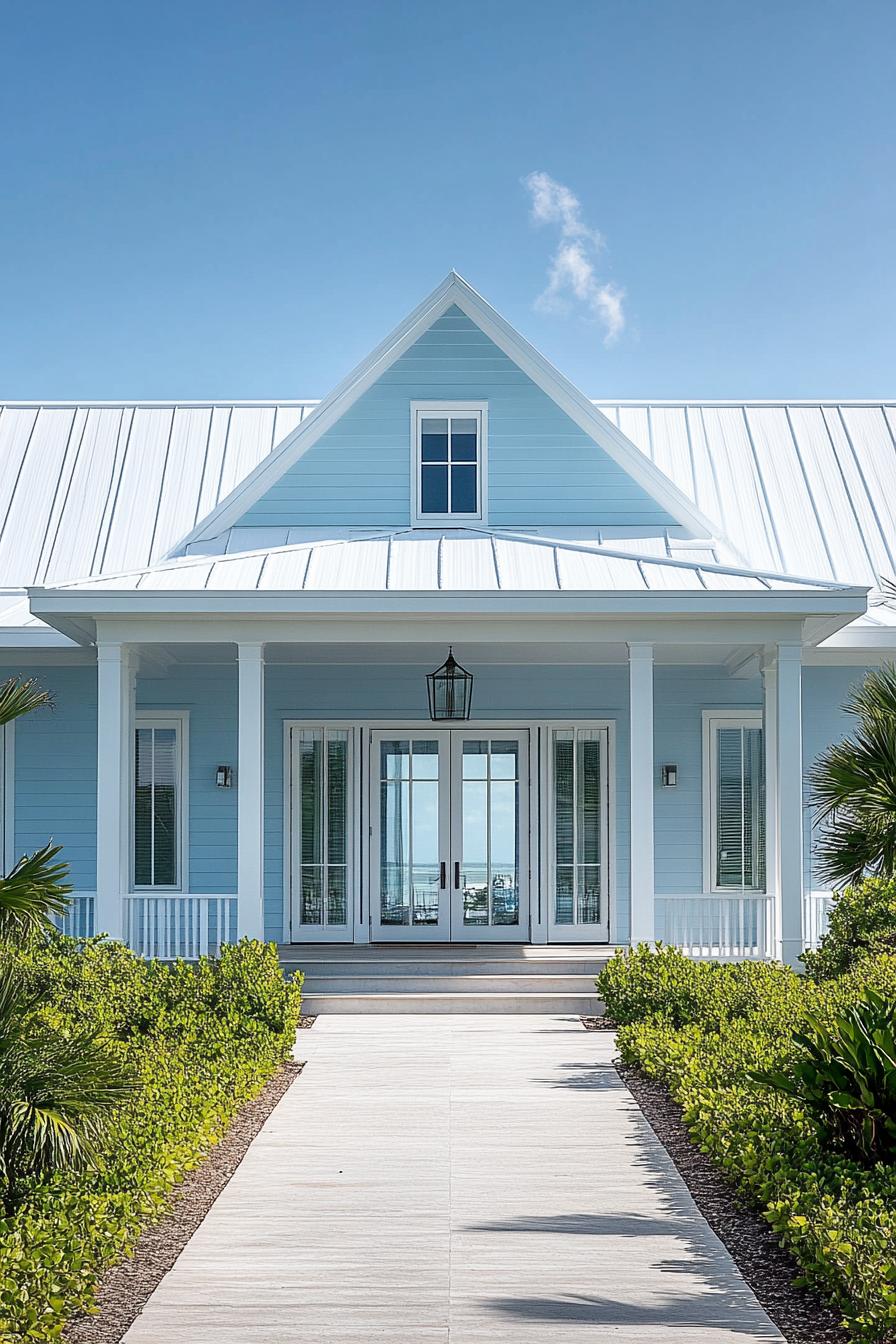 Blue coastal house with white gabled roof