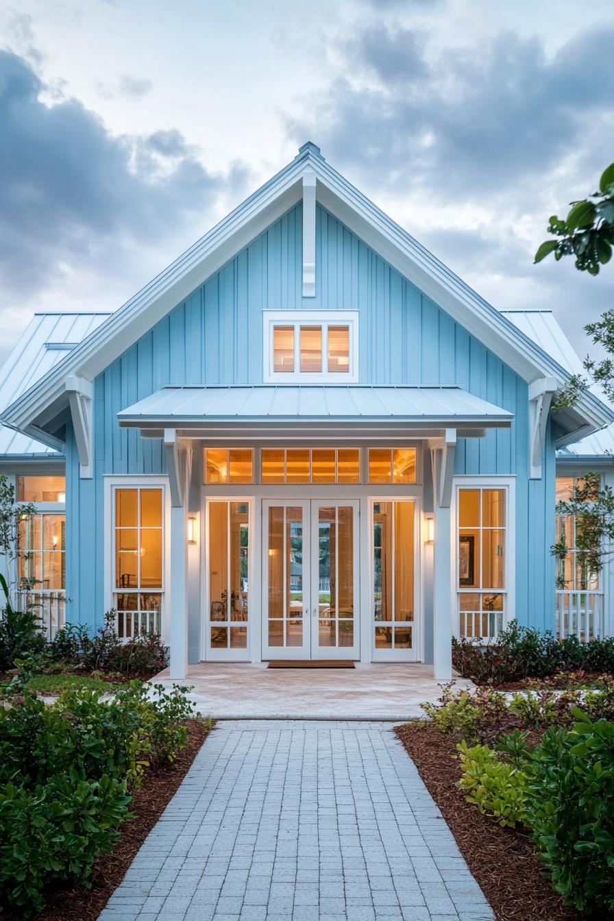 Contemporary coastal house classic gable front facade symmetrical rectangular shape light blue wood siding white metal roofing with a gable 3