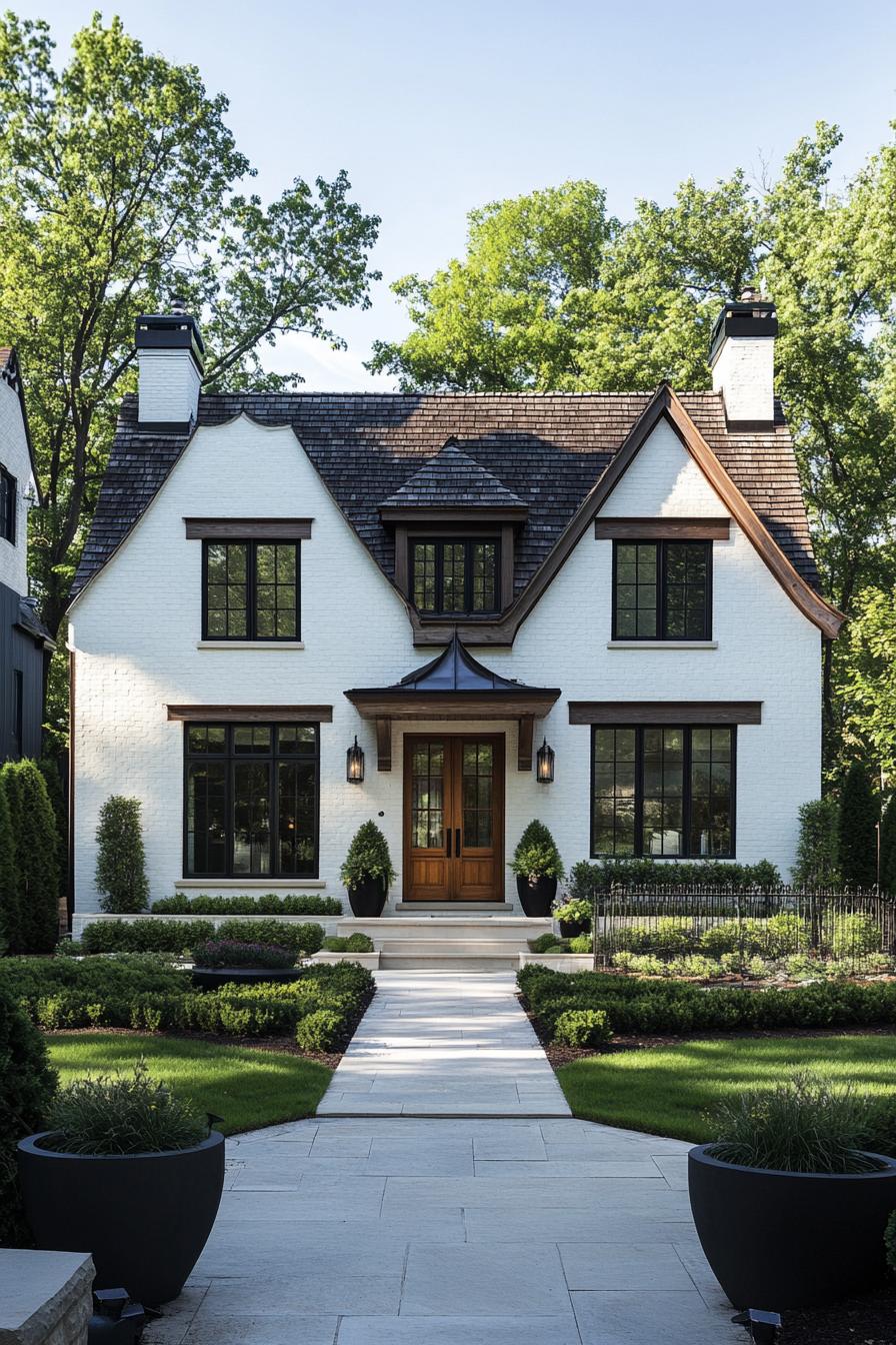 White brick cottage with wooden accents and lush garden