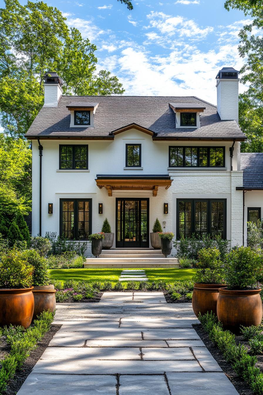 White brick house with dark roof and lush green garden