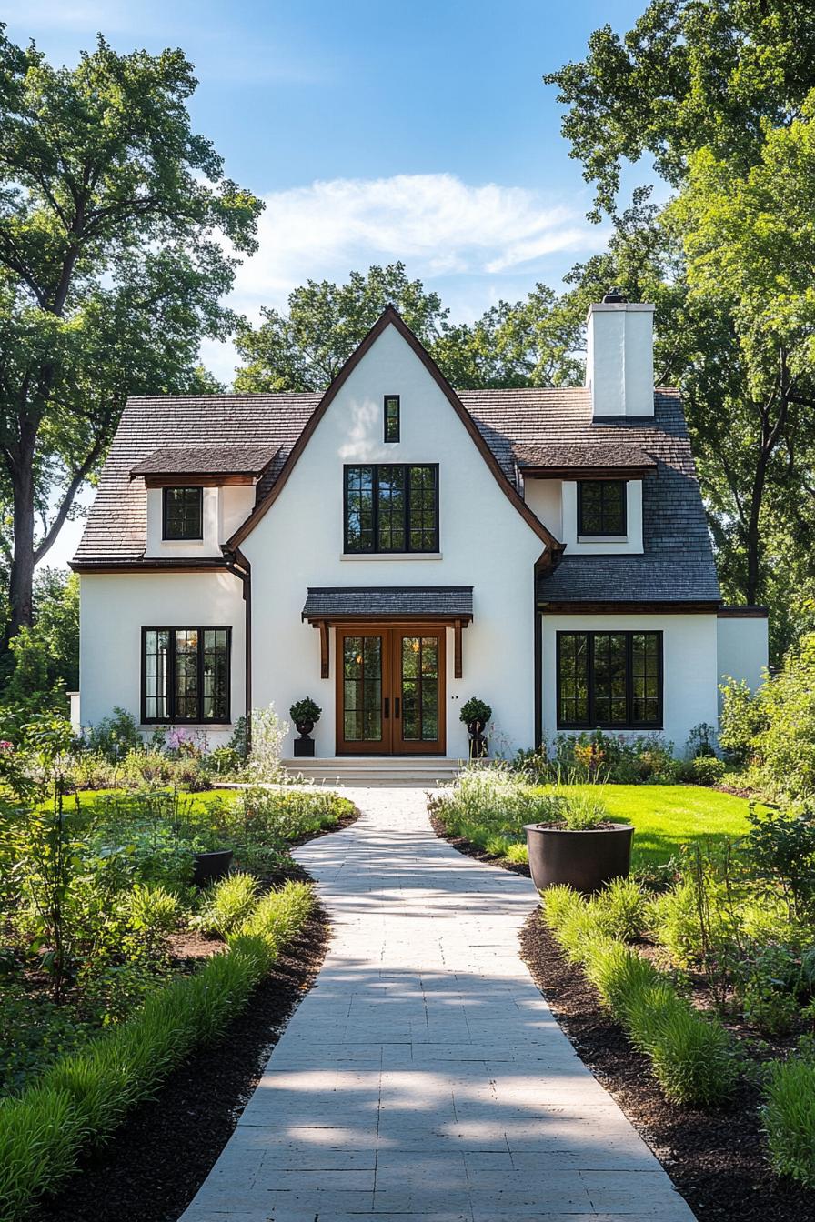 White cottage with charming architecture nestled in greenery