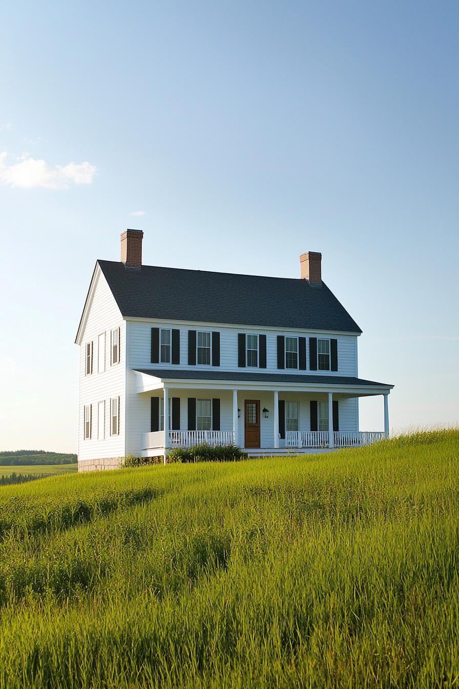 Traditional house with white siding and black shutters