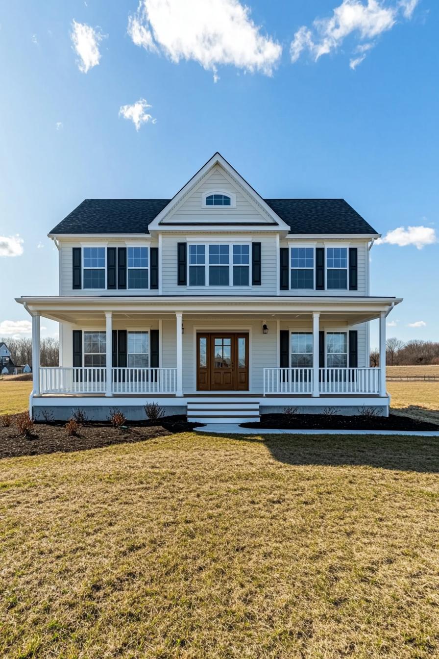 Two-story house with a large porch and gabled roof