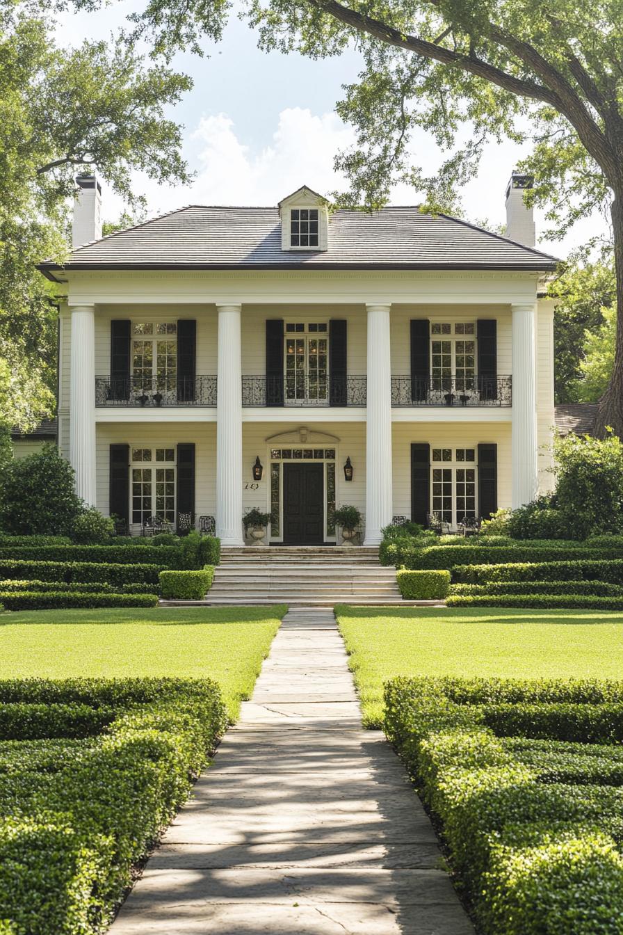 Classic Southern home with white columns and manicured garden