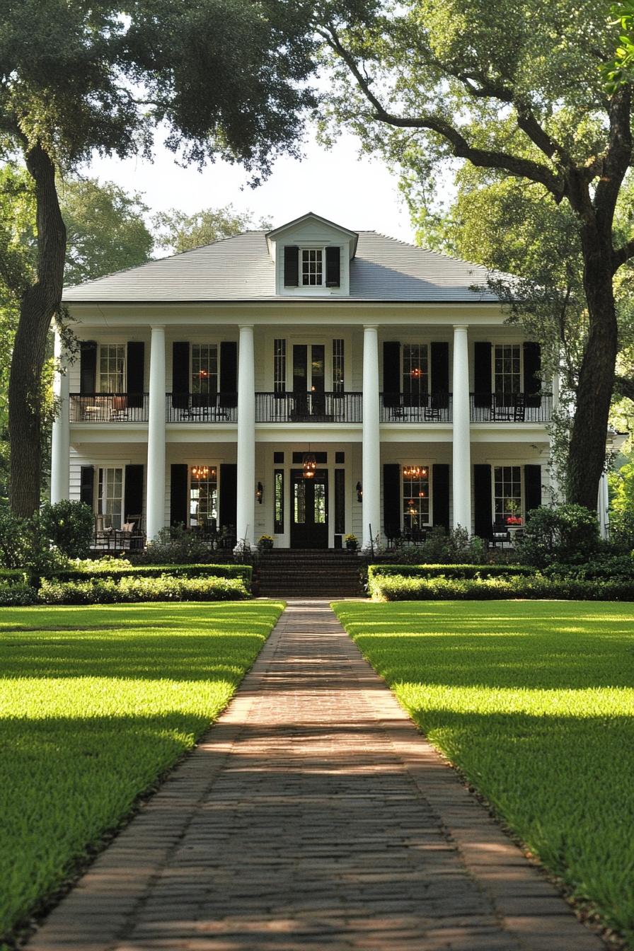 Classic Southern home with a brick path leading up to it, surrounded by trees