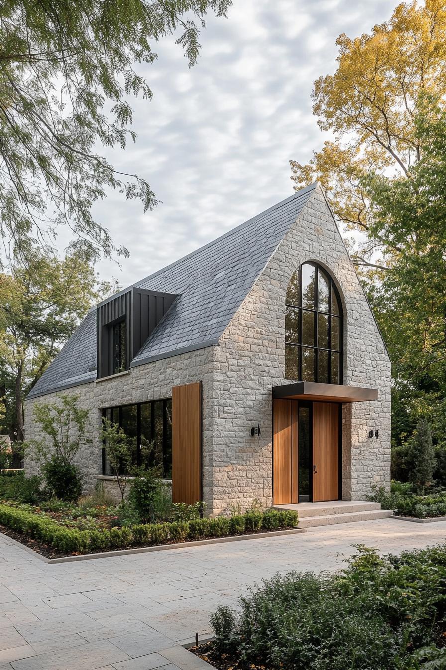 Compact stone cottage with large arched window and wooden accents