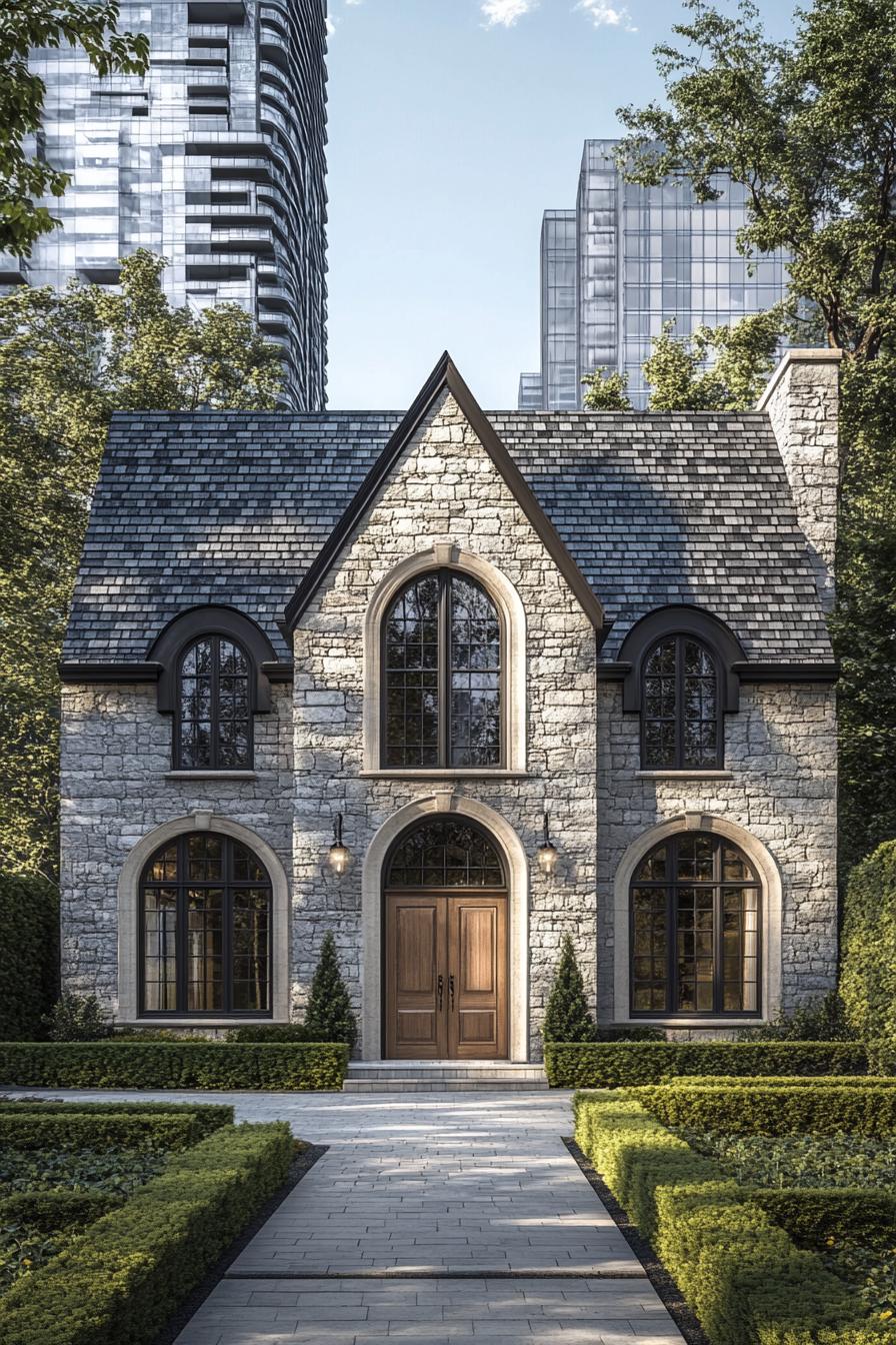 Charming stone cottage against a city backdrop