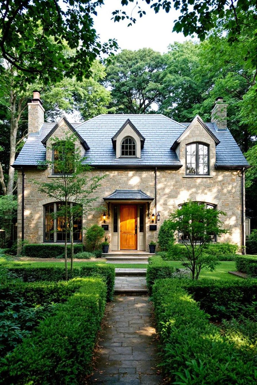 Quaint stone cottage surrounded by lush greenery and trees