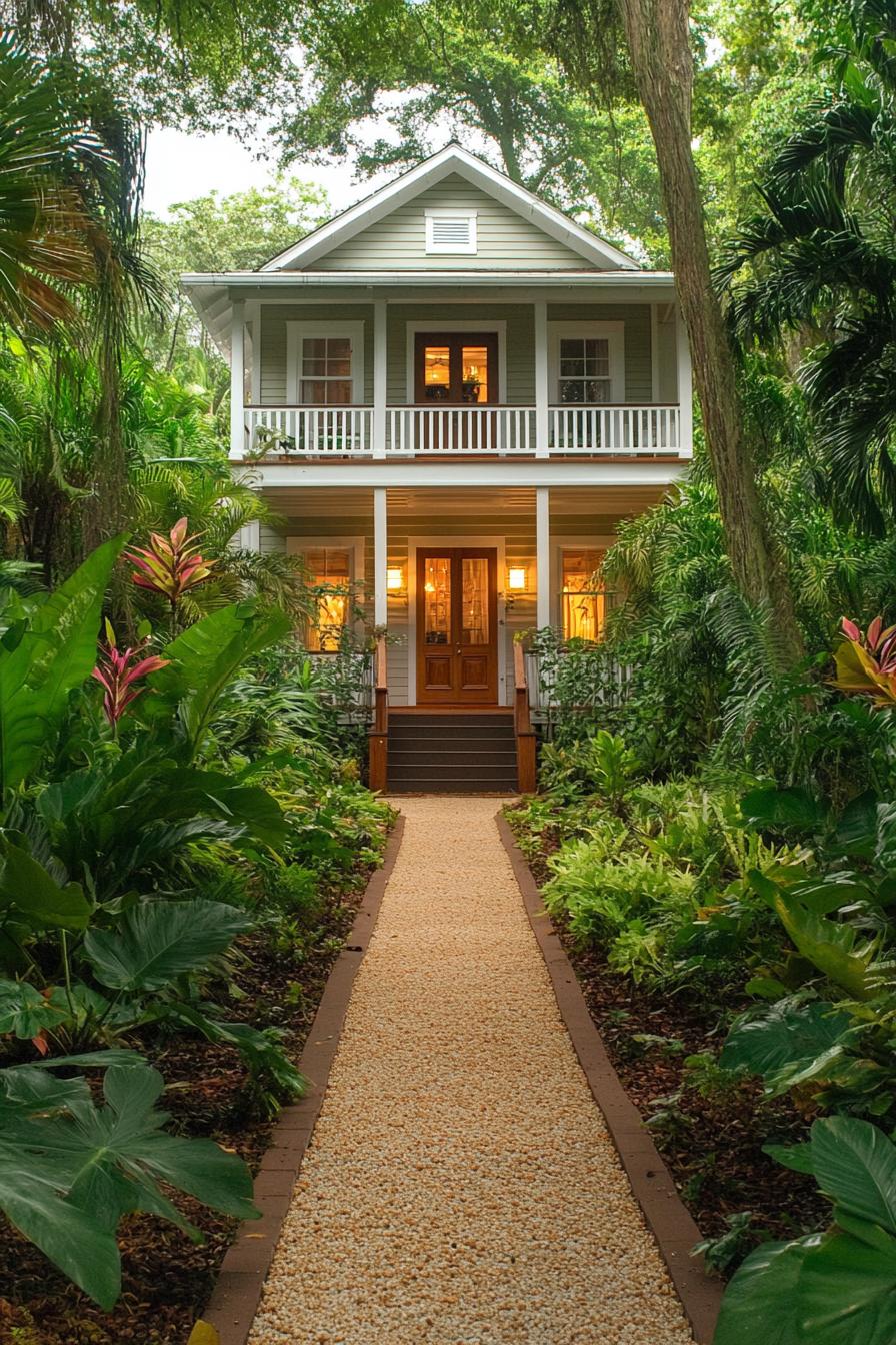 Tropical cottage surrounded by lush greenery