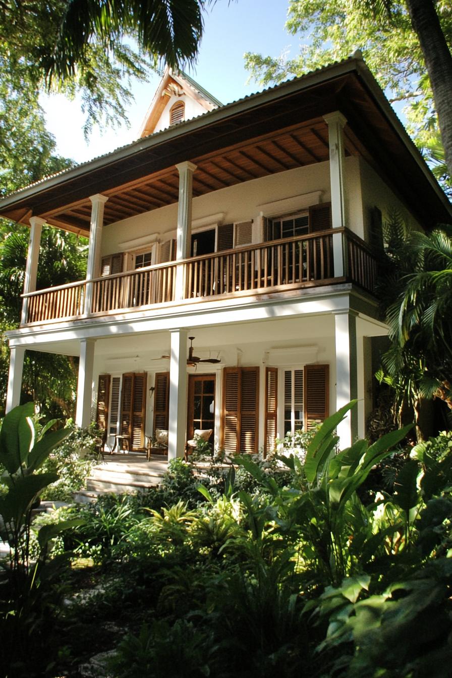 Tropical house with a large porch surrounded by lush greenery