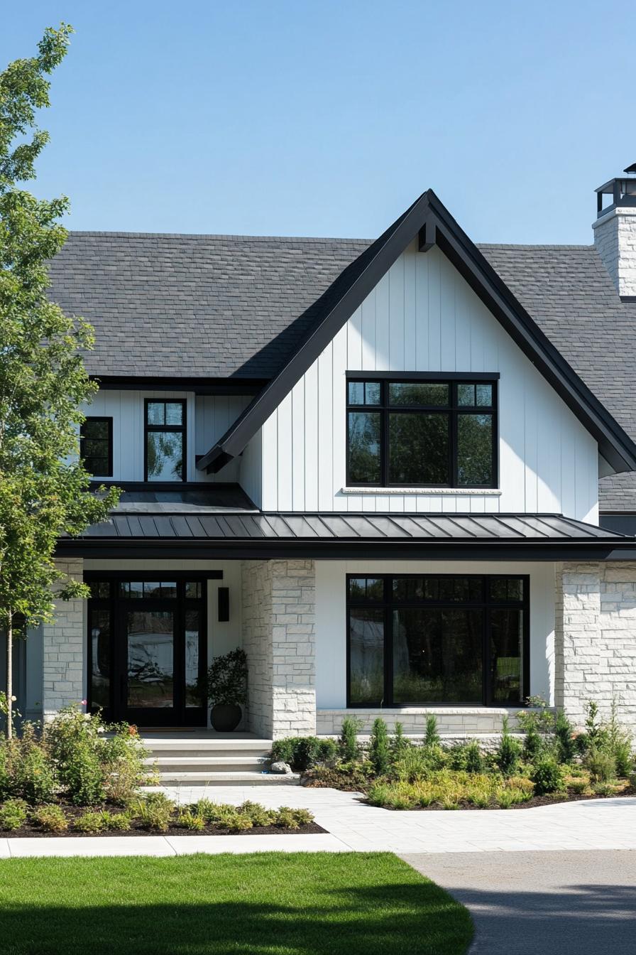 White house with black trim and greenery