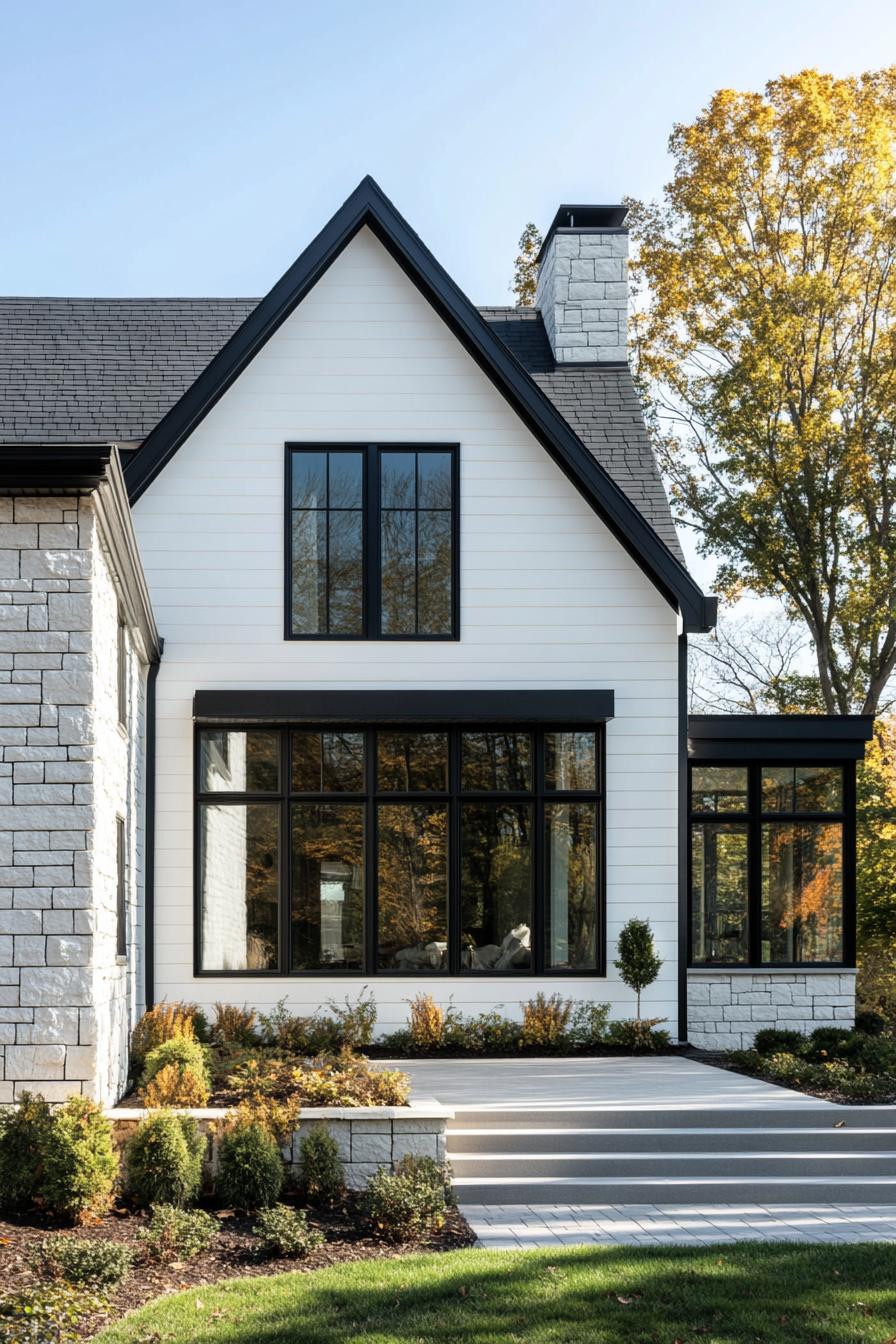 Charming white house with dramatic black trim