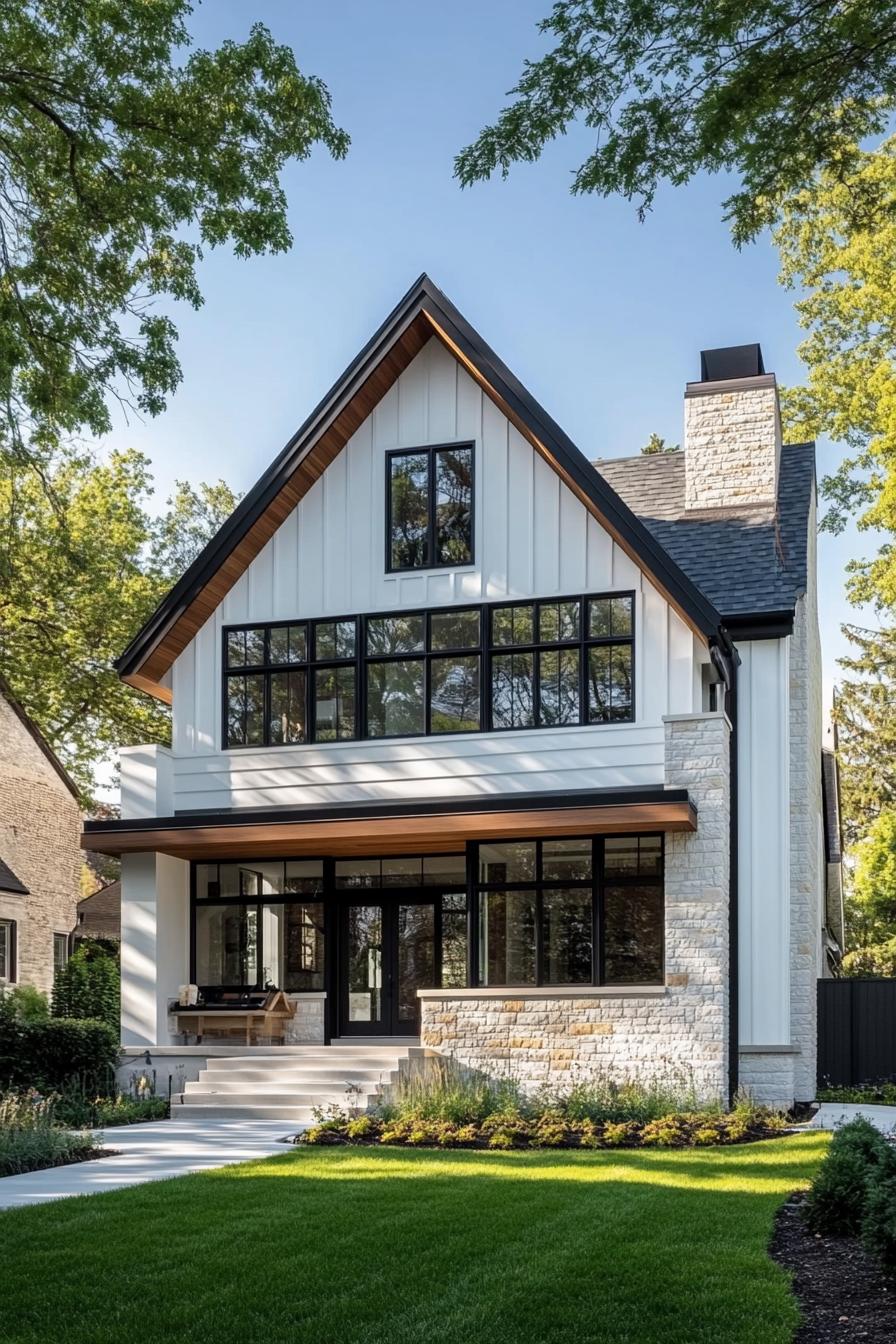 White house with black trim in a lush setting