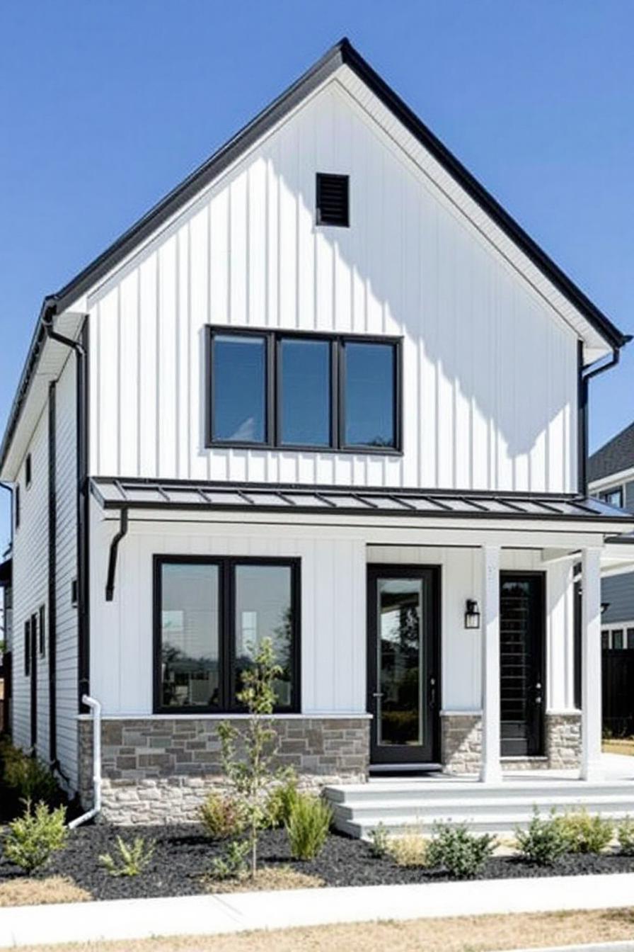 White house with black trim and modern design