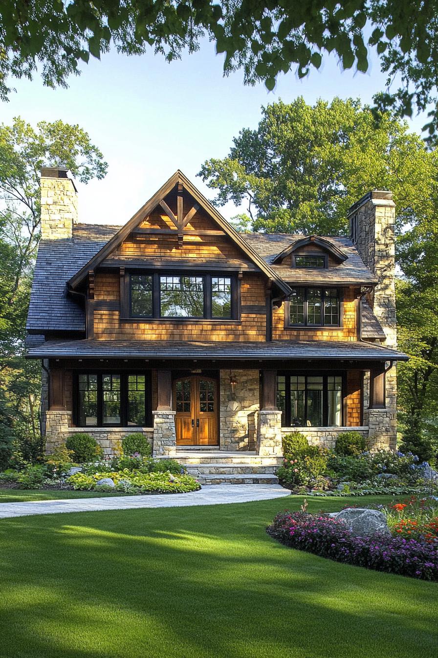 Craftsman cottage with stone accents and lush garden