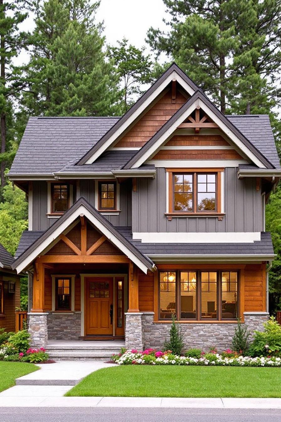 Craftsman cottage full house view asymmetrical facade with prominent gable sections of horizontal wood siding and shingle accents combination of