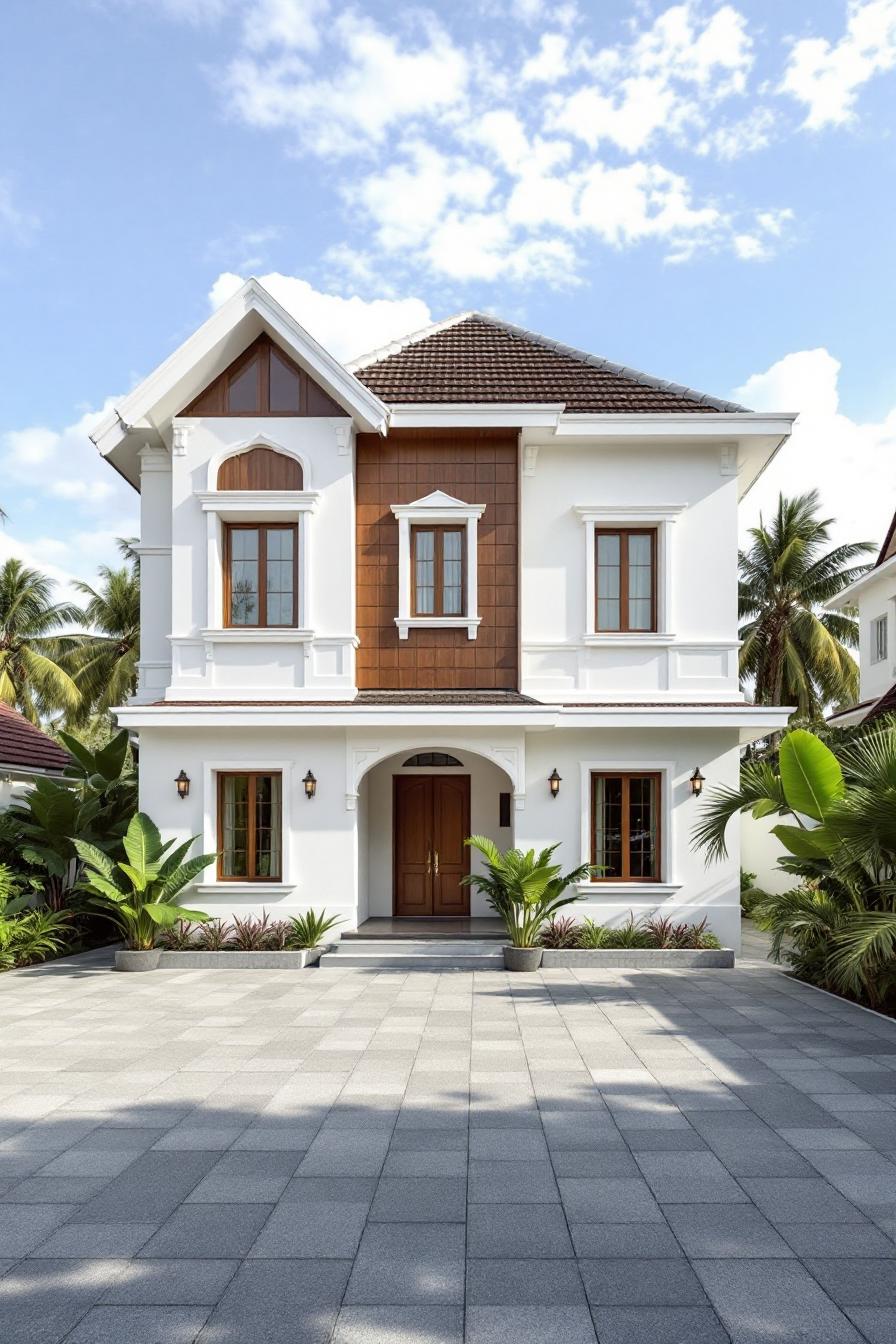 Elegant white house with brown accents and lush greenery