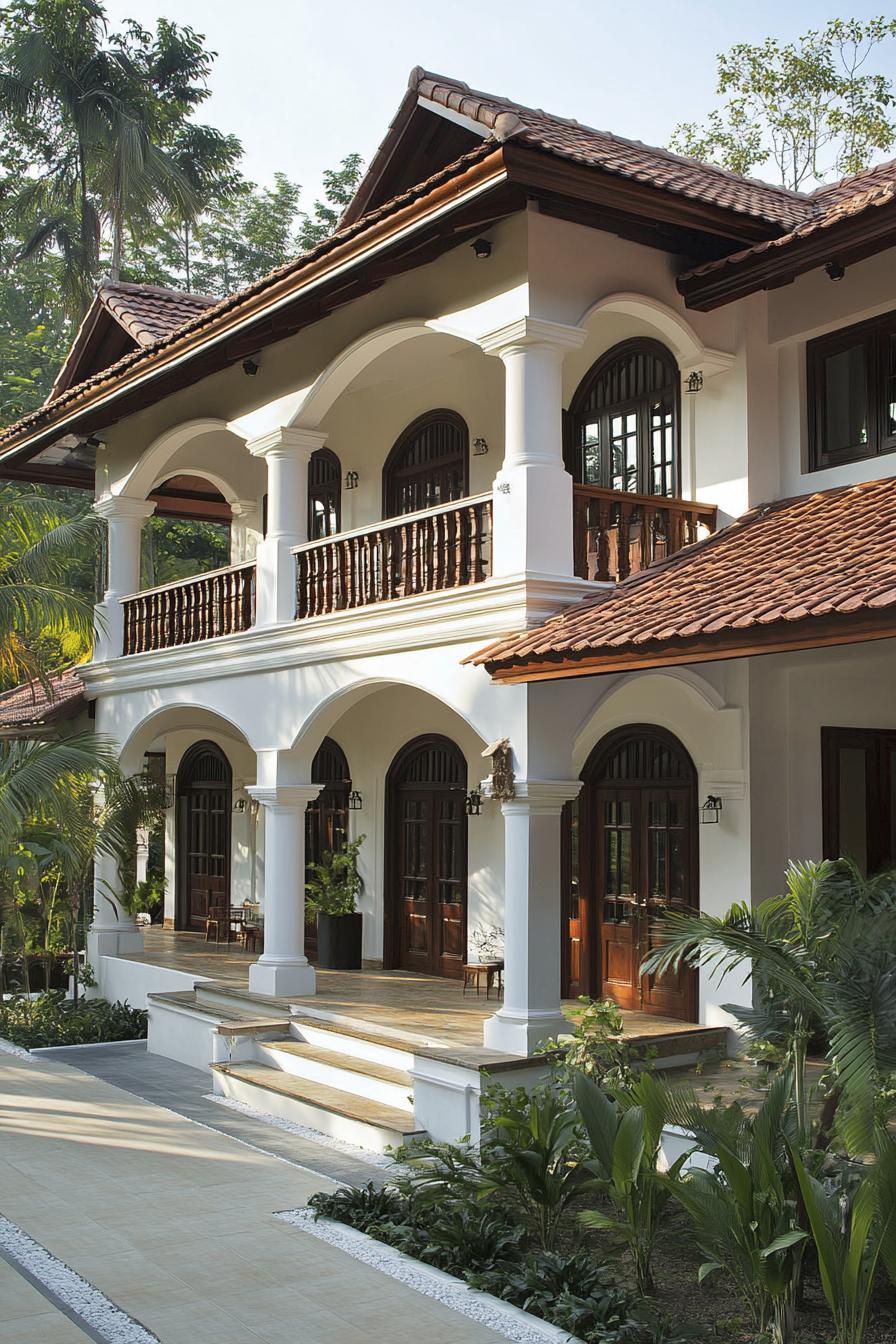 A traditional Kerala house with arches and lush greenery