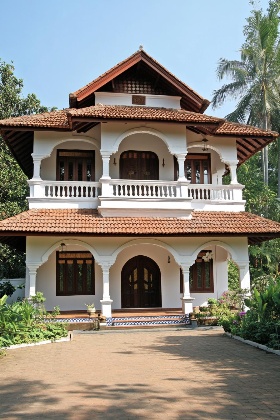 Traditional Kerala house with white arches and tiled roof