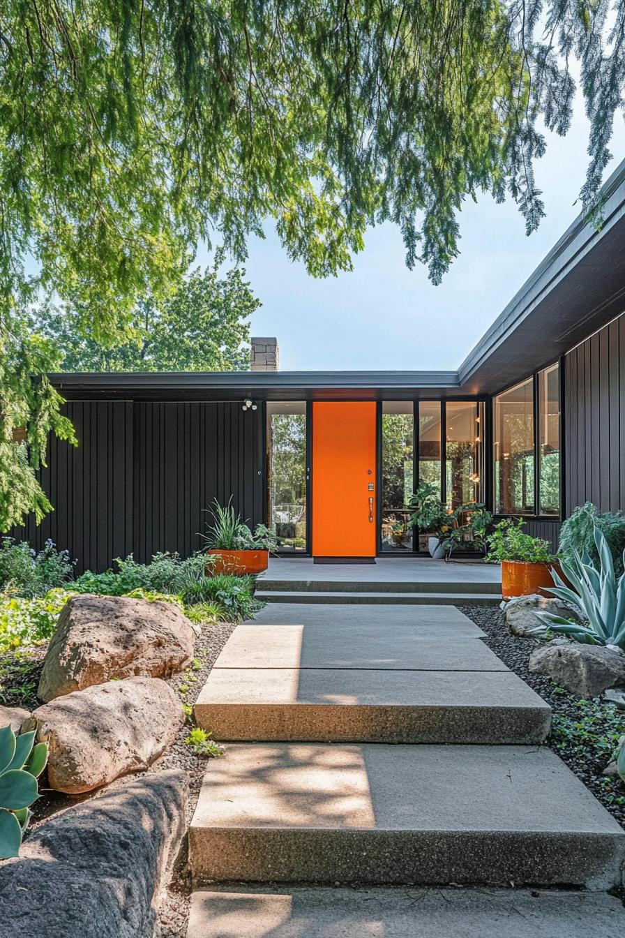 Mid-century house with an orange door surrounded by greenery