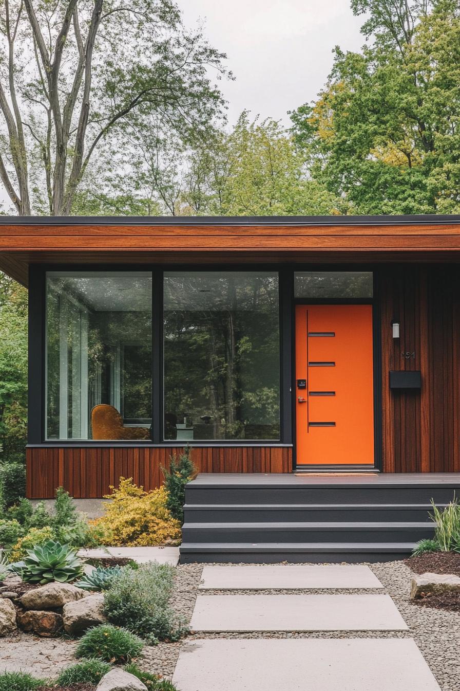 Mid-century modern house with orange door in a forest