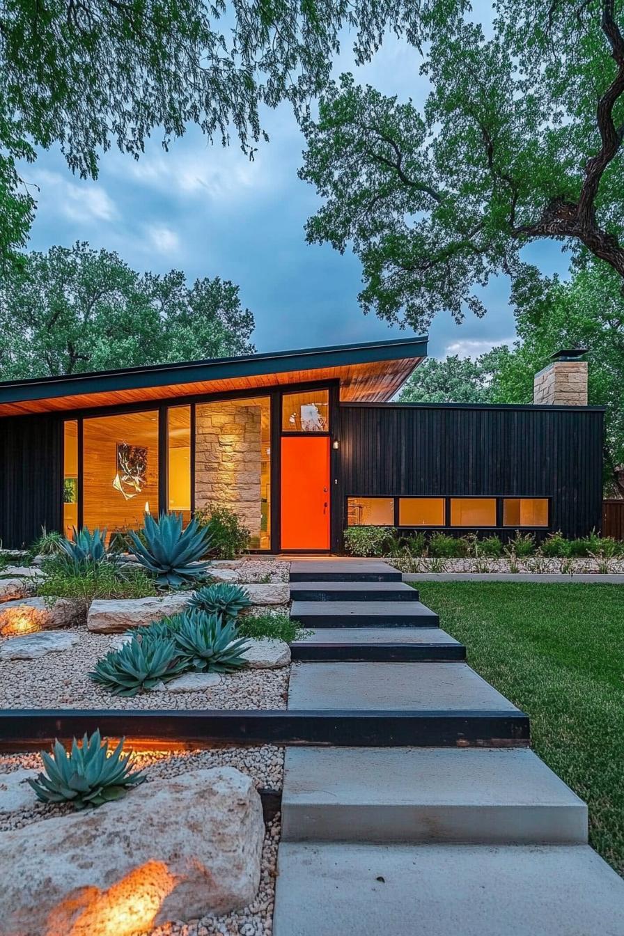 Mid-century house with orange door and modern landscape