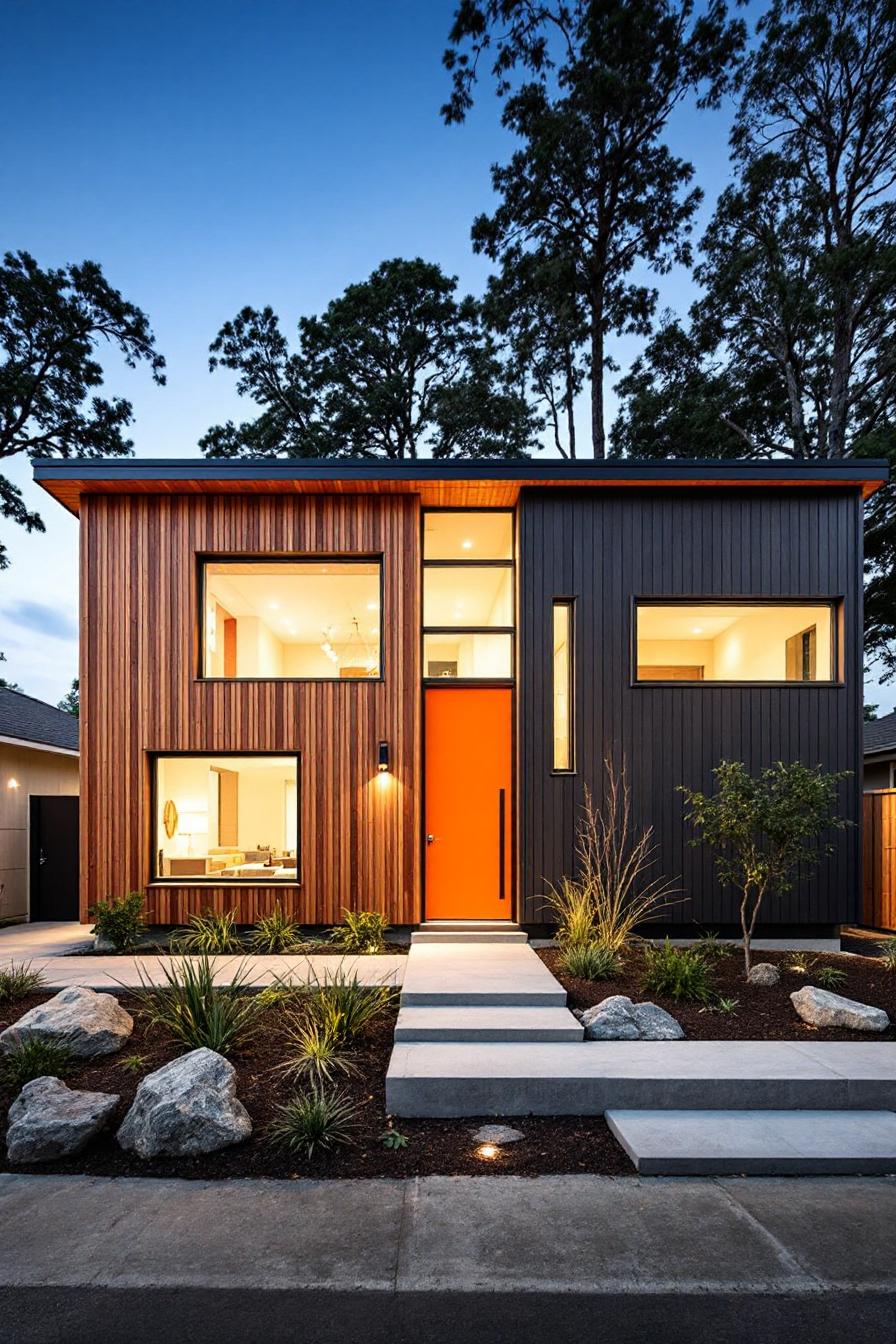 Modern mid-century house with bold orange door