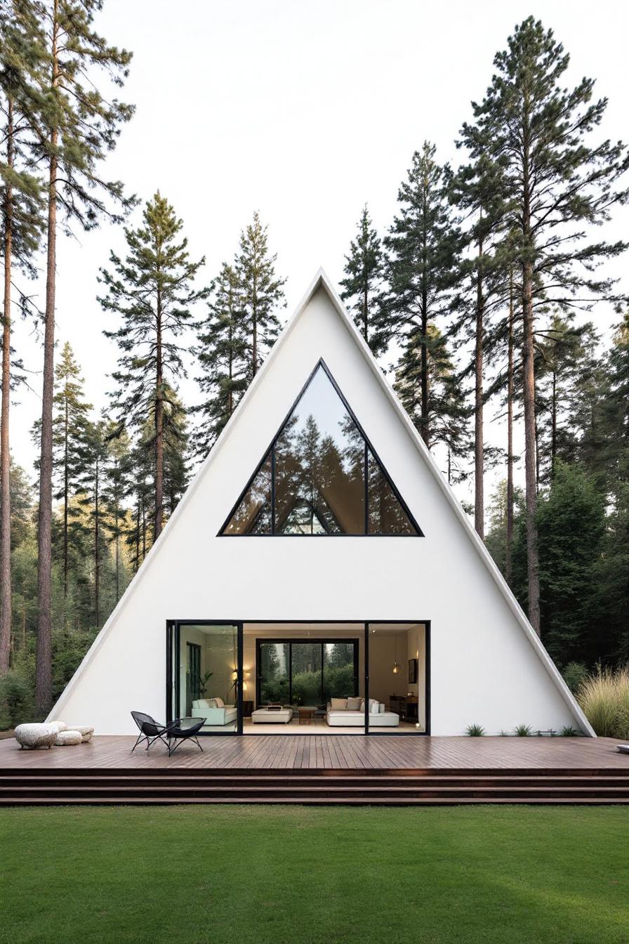 A-frame house with large glass windows and a wooden deck