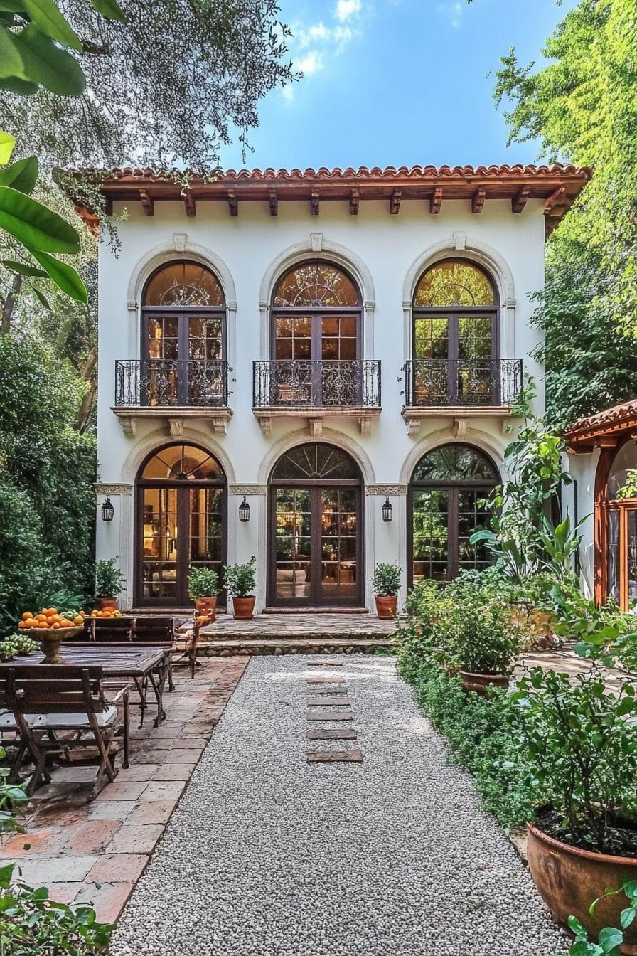 Elegant villa facade with large arched windows and garden walkway