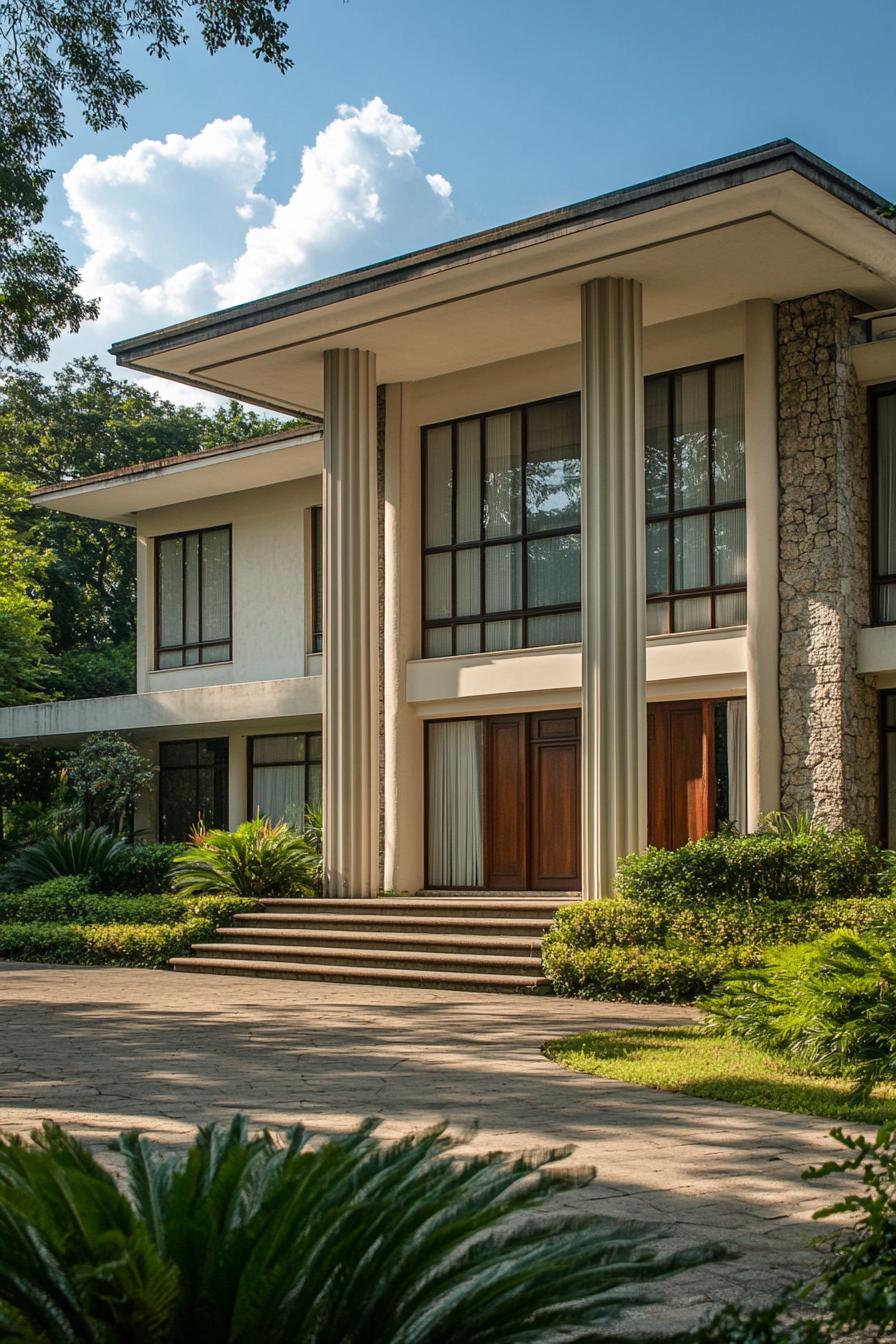 Modern villa with grand columns and a lush landscape