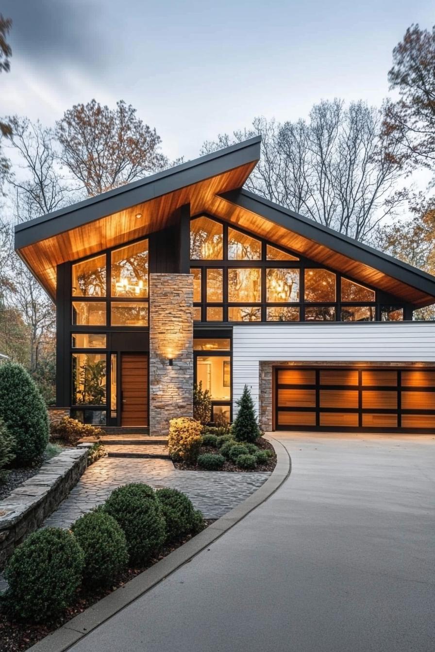 Modern house with a dramatic slanted roof and large glass windows