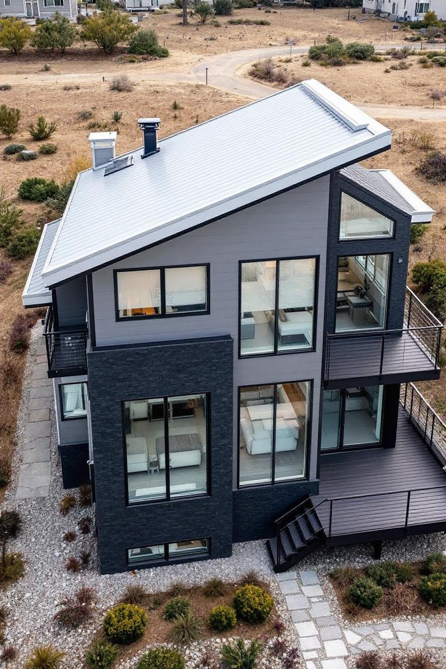 Modern house with a dramatic sloped roof and large windows